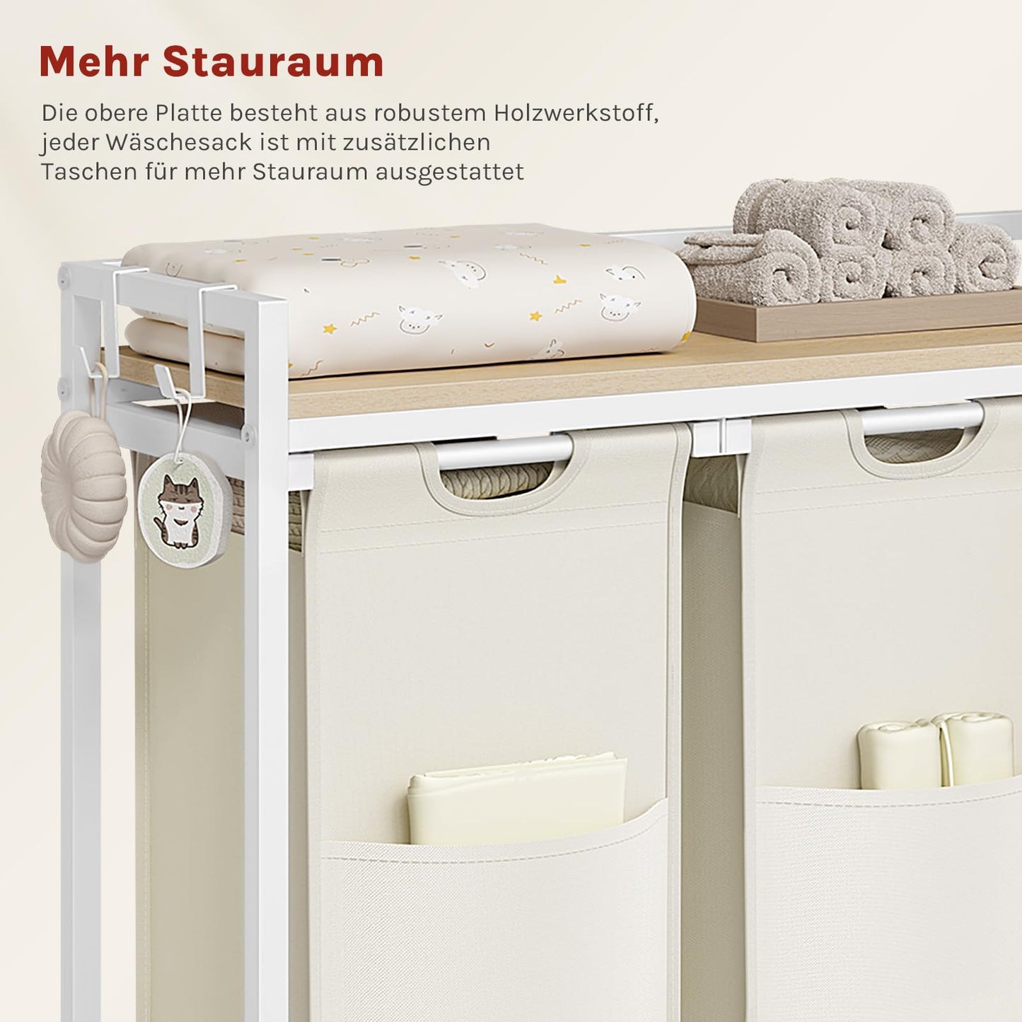 Panier à linge Woltu - 3 compartiments - 120 L - 96 x 71 x 30 cm - Blanc/Chêne clair