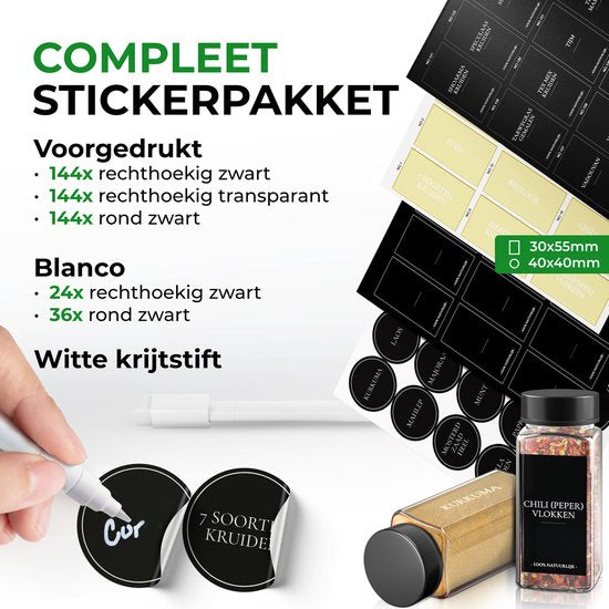 Soothe 24 pots à épices en verre carrés avec couvercle noir - 2 types de couvercles à saupoudrer - Spice Spreader - Pots à épices - Set complet avec stickers à épices, stick à craie et accessoires - 120ml