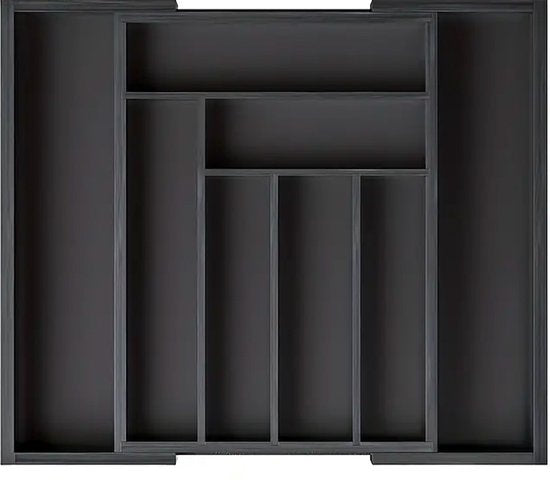 Budu Plateau à couverts extensible en bambou #45 (45 cm de profondeur) - Noir - Cassette à couverts en bois - Tiroir à couverts - 45 x 30.6 - 50 cm - 6/8 compartiments