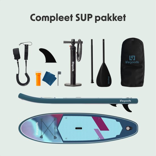 LifeGoods SUP Board All-round Compact - 100 KG Load Capacity - 300 x 76 cm - Inflatable - Complete SUP Package - Blue/Purple