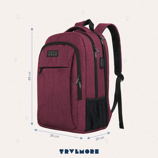 TRVLMORE Backpack - Sac à dos avec compartiment pour ordinateur portable 17,3 pouces - Cartable - Résistant aux éclaboussures - Hommes et Femmes - Garçons et Filles - 36L - Bourgogne