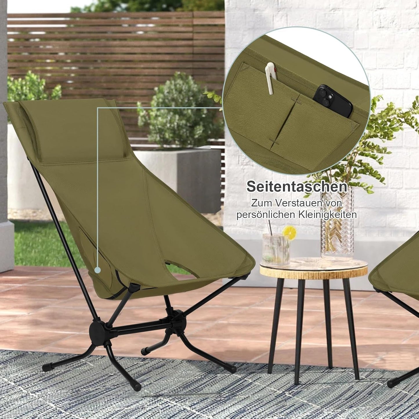 Chaise de camping pliable Woltu verte 56 x 72 x 88 cm - Chaise de pêche légère avec dossier haut et sac de transport - Charge jusqu'à 150 kg