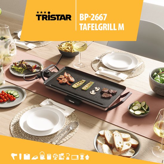 Tristar Plaque de gril BP-2667 - Gril de table M : 46 x 26 cm - Pour l'intérieur et l'extérieur - Sans BPA - Gril gourmet pour la table - 4 à 6 personnes - Avec thermostat réglable - Revêtement antiadhésif - Noir