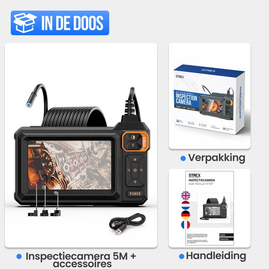 Endoscope Strex avec écran 5M - Caméra d'inspection - Caméra d'égout avec image HD - Étanche IP67 - Éclairage LED réglable