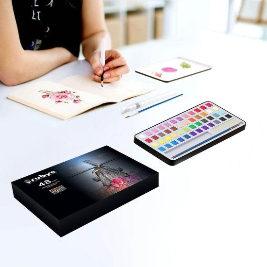 Rubye® Water colours - Aquarelles - Stylo pinceau - Pinceau - Peintures - Aquarelles adultes - Aquarelles enfants - Peinture par numéro - 48 couleurs