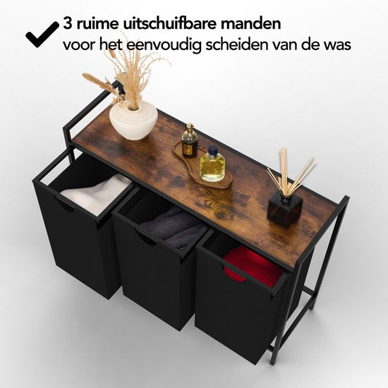 Brixy Panier à linge 3 compartiments - Trieur de linge - Extensible - Boîte à linge en métal - Capacité 117L - 90 x 33 x 70 cm - Noir/Marron