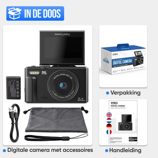 Appareil photo numérique Strex 5K 75 MP - Appareil photo - Appareil photo compact avec Wi-Fi - Appareil photo pour vlog - Appareil photo pour enfants - Zoom 18x - Écran orientable - Noir
