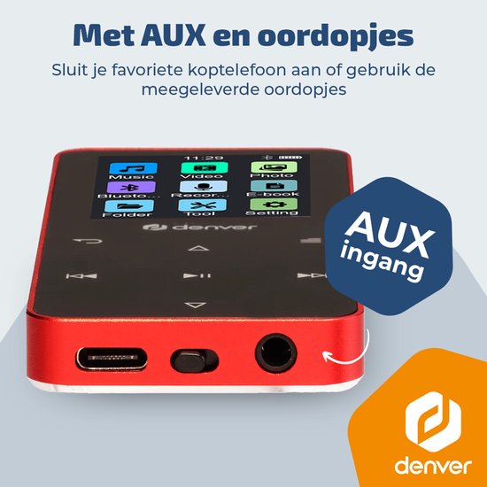 Lecteur MP3/MP4 Denver - Bluetooth - Lecture aléatoire/Répétition - Carte SD jusqu'à 128 Go - Écouteurs inclus - Dictaphone - MP1830R - Rouge