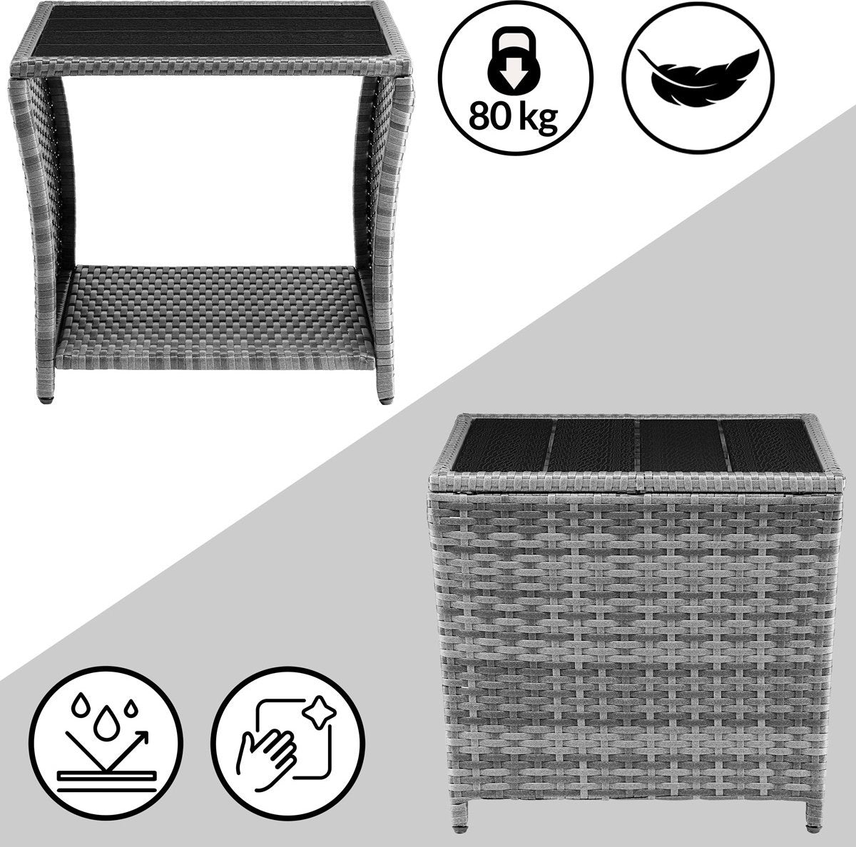 Table d'appoint Casaria Polyrattan - Plateau en WPC 45x45x40cm - Gris