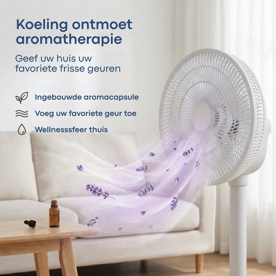 Ventilateur Aironex - Ventilateur sur pied silencieux à 26 vitesses - Commande via application - Faible consommation - Blanc - Avec fonction aromathérapie et Wi-Fi - Minuterie et mode nuit - Réglable en hauteur - Oscillation horizontale et verticale