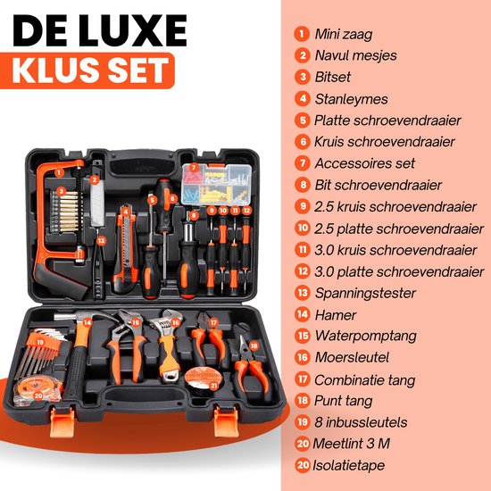 Mallette à outils Vertrex remplie - Outils - Set d'outils - Mallettes à outils - Jeu de tournevis - Ruban à mesurer - Marteau - Jeu d'embouts - Jeu de clés Allen - Tendeur - Scie - Couteau Stanley