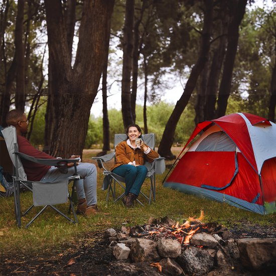 TRVLMORE Chaises de camping - Pliables - 2 pièces - Chaises pliantes - Capacité de charge de 150 kg - Porte-boissons - Compartiment réfrigérant - Poche latérale - Gris
