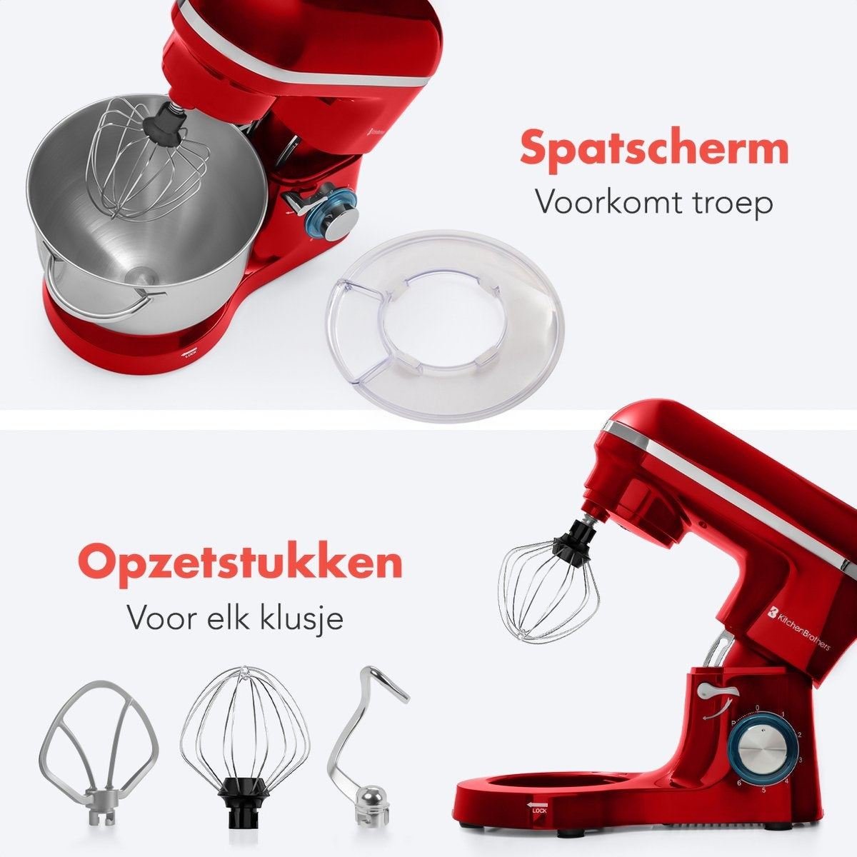 Robot de cuisine - KitchenBrothers - Mixeur de cuisine avec bol de 6L - Acier inoxydable - 1400W - Rouge