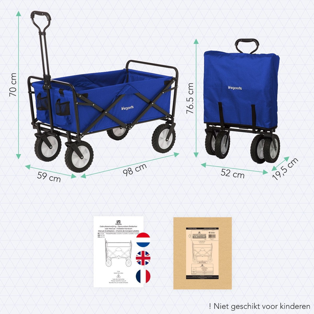 Charrette à bras LifeGoods pliable roues pivotantes - 2 supports - capacité de charge de 70 kg - bleu