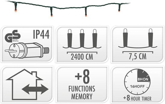 Guirlande lumineuse de Noël 320 LED - 24 m - rouge - Minuterie - Effets lumineux - Mémoire - Extérieur - Intérieur