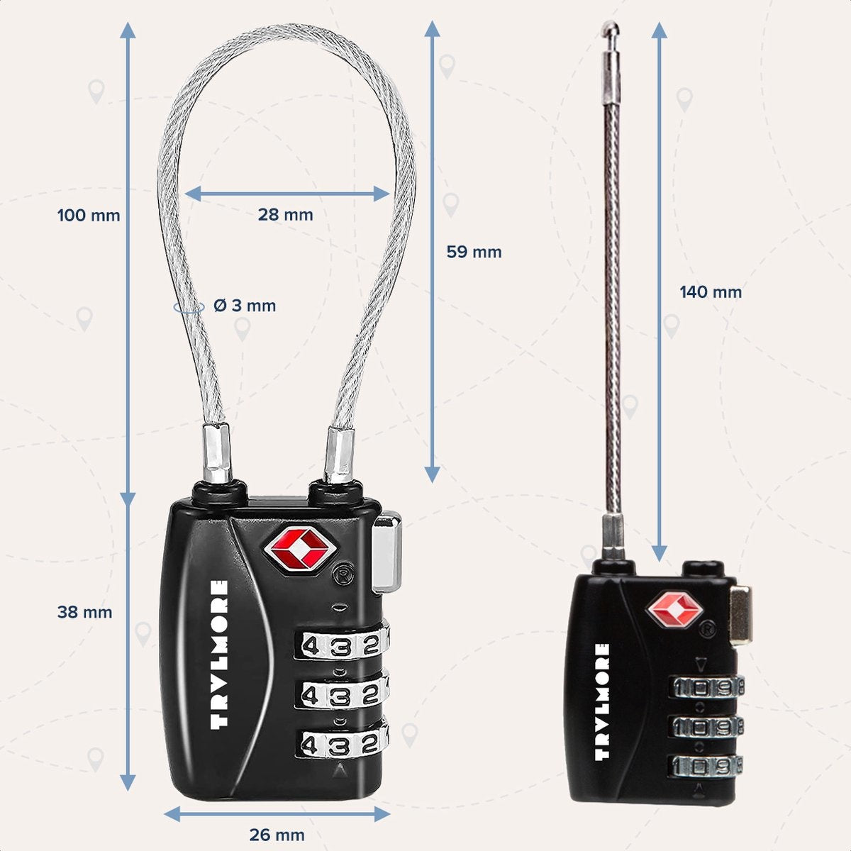 TRVLMORE Serrure de valise - Serrure de voyage TSA - Cadenas à 3 chiffres - 2 pièces - Noir
