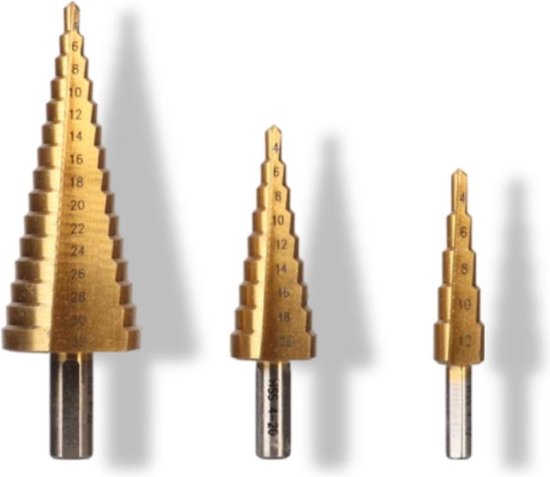 Foret étagé Toolland HSS, pour tous métaux, revêtement titane, jeu de 3 pièces, tailles Ø 4-12/4-20/4-32 mm