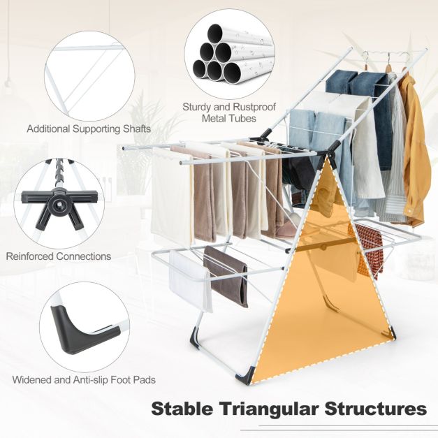 Porte-vêtements pliable avec 2 niveaux Ailes réglables en hauteur 33 rails de séchage et pinces à chaussettes Porte-vêtements autoportant pour l'intérieur et l'extérieur
