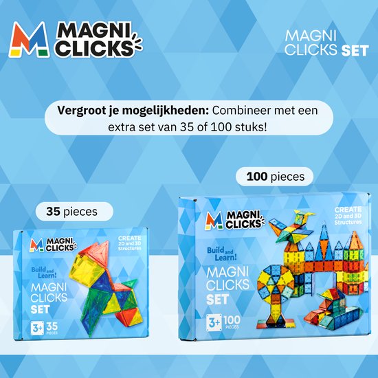 MagniClicks Magnetic Tiles 35 pieces - Jouets magnétiques - Montessori - Tuiles magnétiques - Blocs de construction
