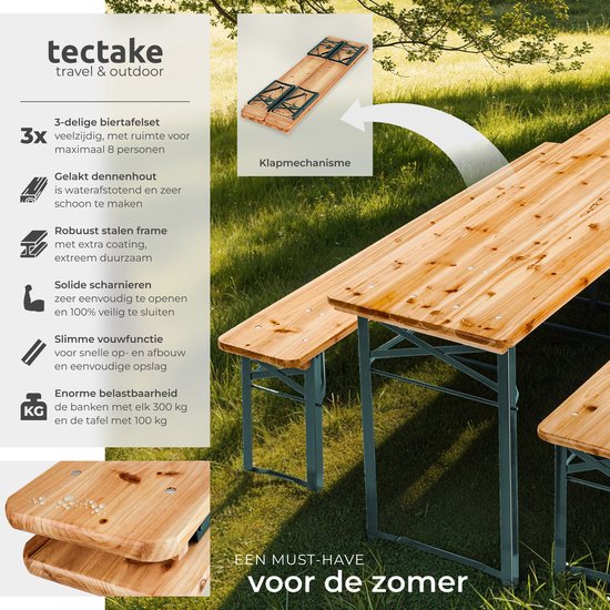 tectake® - Table à bière avec 2 bancs - 8 personnes - 170 cm de long - Ensemble de table à bière 3 pièces avec table pliante et bancs - Table de jardin - Banc à bière Oktoberfest