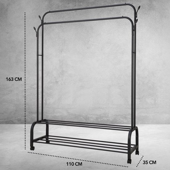 Brixy Rack à vêtements - Rack à vêtements double - Rack à penderies sur roulettes - Rack à vêtements avec porte-chaussures - 98 x 34 x 159 cm - Noir