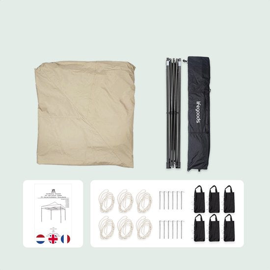 LifeGoods Party Tent - Pliable - 3x6 m - Montage facile - Pavillon - Imperméable - Sac de transport à roulettes - Beige