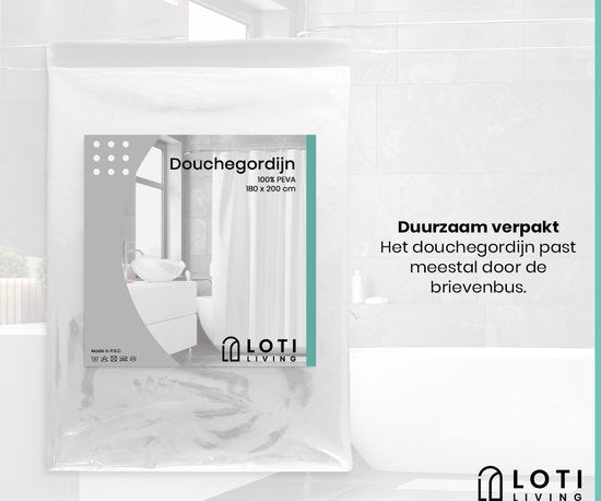 Loti Living Rideau de douche anti-moisissure - Transparent - Anneaux inclus - Imperméable - PEVA - Rideau de douche 180x200 cm