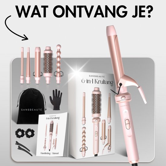 Sansbeauté® 6 en 1 Fer à boucler avec pince - Fer à boucler en céramique - 13mm à 38mm - Brosse pour sèche-cheveux cheveux courts - Brosse chauffante - Boucleurs - Brosse thermique - Styler les cheveux - Brosse à boucler 5 en 1