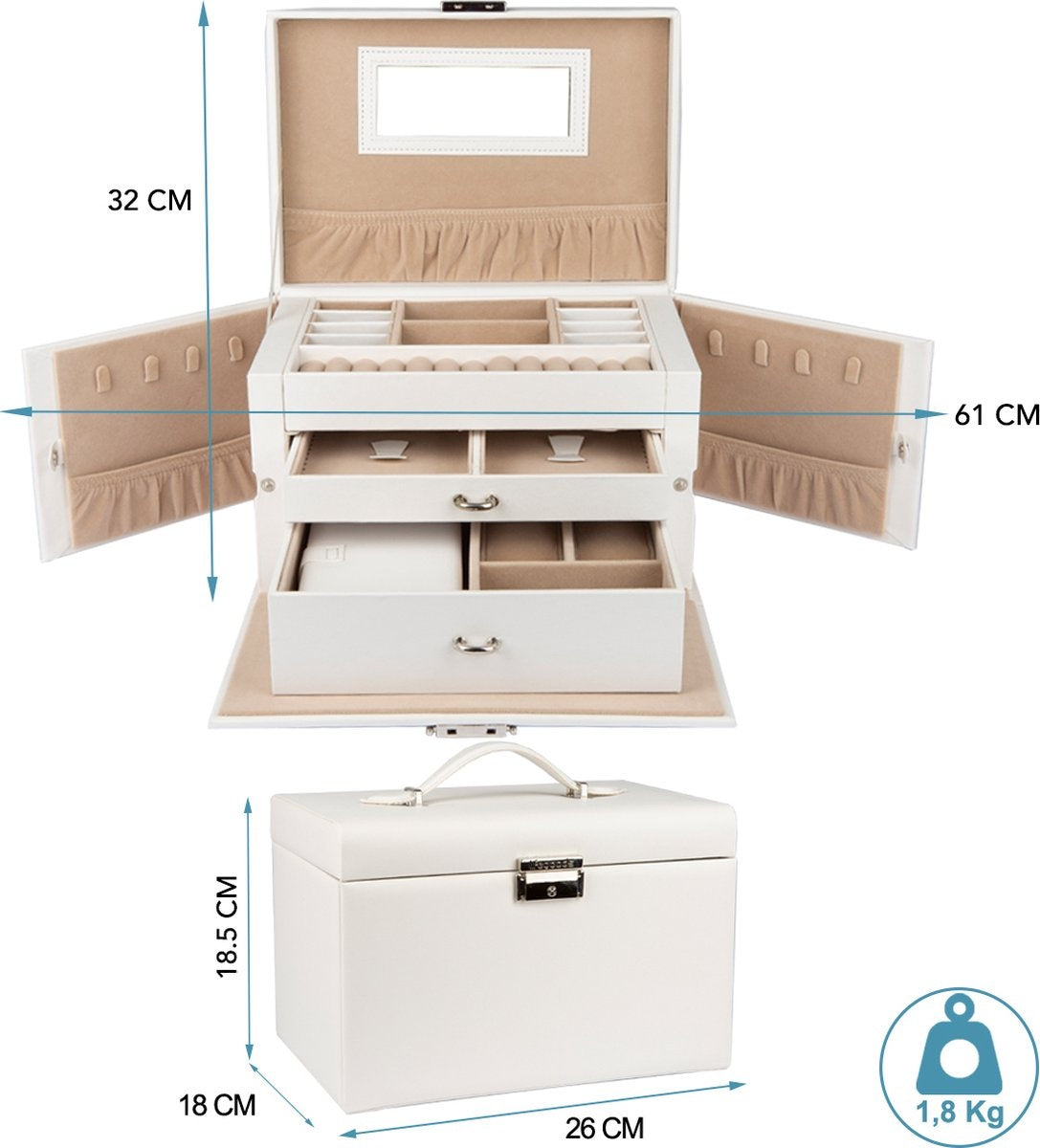 Boîte à bijoux XL LifeGoods - 20 compartiments - Blanc/Beige