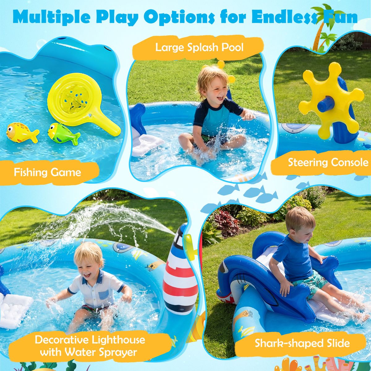 Piscine gonflable pour enfants Coast - Espace de jeux aquatiques sur le thème de la mer - Toboggan en forme de requin et jet d'eau - Multicolore 188 x 153 x 63 cm