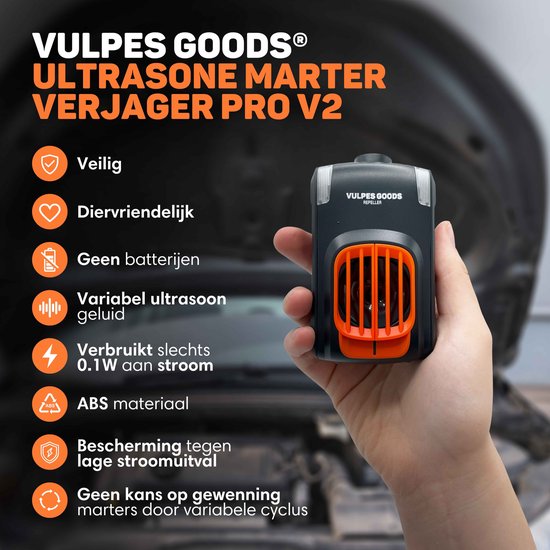 Vulpes Goods® Deterrent - Dissuasion de la martre - Dissuasion de la martre de pierre - Combattant de la martre - Intérieur et extérieur - Fréquences automatiques et lampes flash - USB et batterie de voiture - Martres, souris et rats - PRO V2 - 2 pièces
