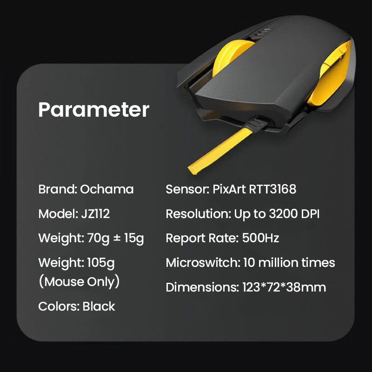 Souris filaire Ochama - Noire et jaune - Ergonomique - Capteur optique - Fréquence de sondage de 1 000 Hz - 4 niveaux de DPI