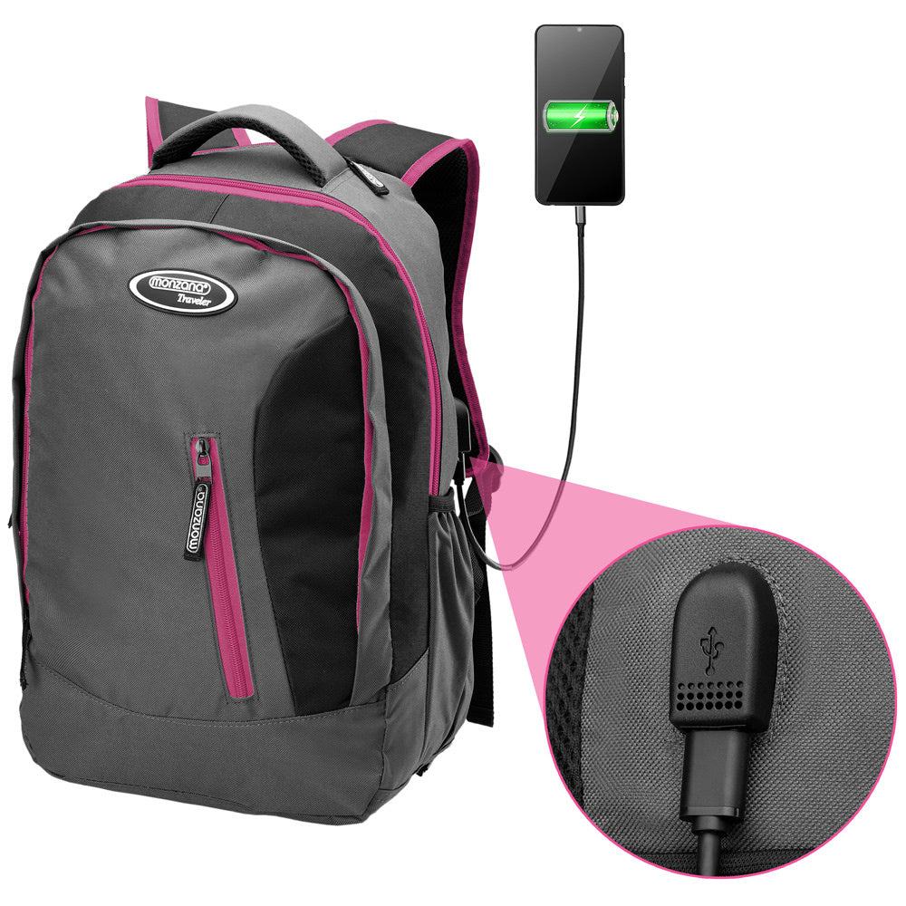 Rugzak voor Laptop 34L met USB-poort en 15,6" Laptopvak– Grijs / Roze