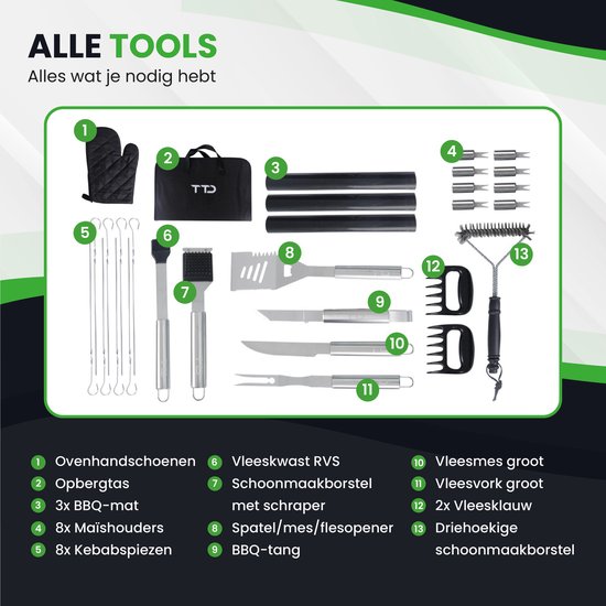 TTD® Premium BBQ Accessories Set 30-piece - BBQ Tool Set Stainless Steel - Barbecue Accessories - BBQ tongs - BBQ spatula - With BBQ Gloves and Cleaning Brush - Includes Storage Bag