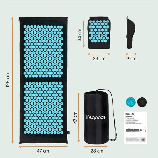 Tapis d'acupression XL LifeGoods - avec coussin - Tapis Shakti - Tapis pour les ongles avec 2 balles pour les points de déclenchement - 128x48x2cm - Noir/Turquoise