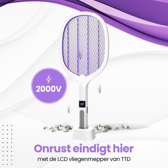 TTD® Premium Electric Fly Swatter and Mosquito Lamp Rechargeable with XXL 2 Meter Charging Cable and LCD Screen - 2 Stages Fly Swatter and Mosquito Lamp - 2500 Volts - Rechargeable via USB and Power Socket - With Safety Net - UV Light - Fly Catcher