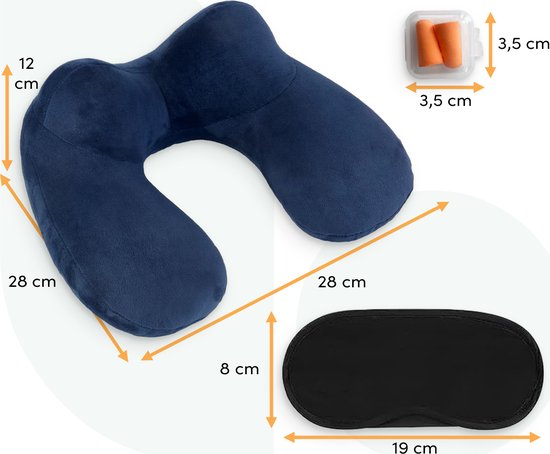Loti Oreiller cervical gonflable 3 en 1 avec sac de rangement - Oreiller d'avion - Oreiller de voyage - Velours - Masque de sommeil et bouchons d'oreille inclus - Bleu