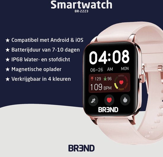 BREND Smartwatch pour femmes et hommes - podomètre, tensiomètre et cardiofréquencemètre - montre de sport - étanche - rose