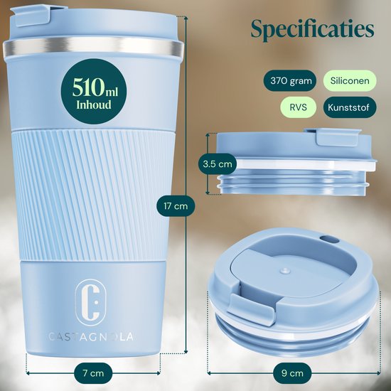 Mug isotherme Castagnola - Mug à café à emporter - Mug de voyage pour café et thé - Mug à thé - 510 ml - Acier inoxydable - Bleu clair
