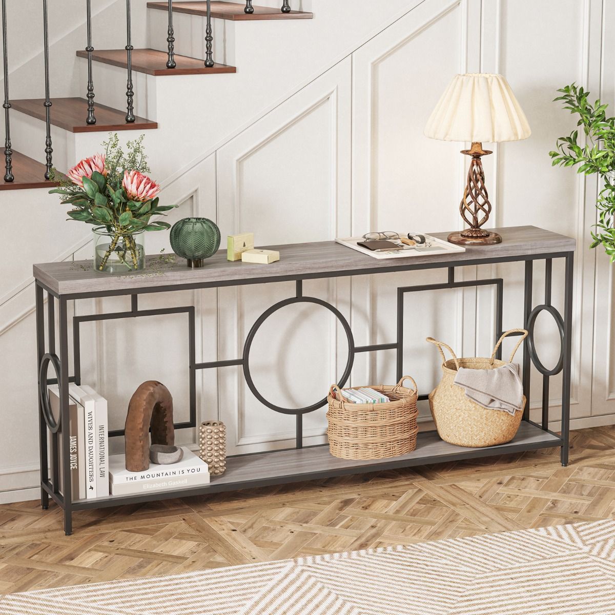 Table console Coast 180x30x80 cm Rustic Brown/Black - 2 niveaux, étroite, structure métallique solide