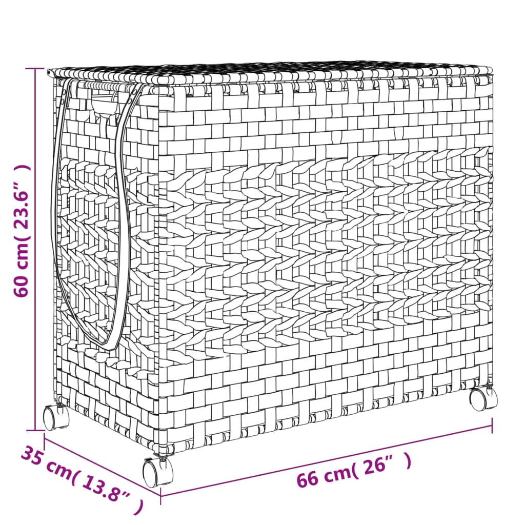vidaXL Panier à linge à roulettes 66 x 35 x 60 cm - Rotin - Gris - 3 compartiments - Pliable