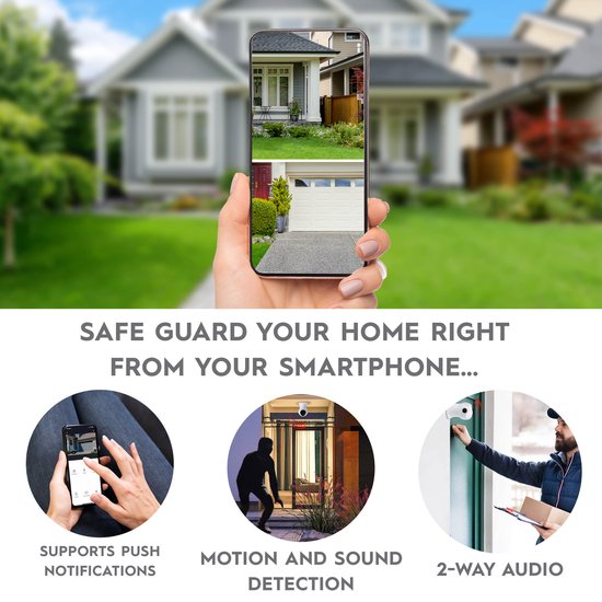 alpina Smart Home Wifi Camera - Full HD 1080p - Caméra de surveillance extérieure - Capteur de son et de mouvement - Vision nocturne - avec application - IP54 étanche à la poussière et à l'eau