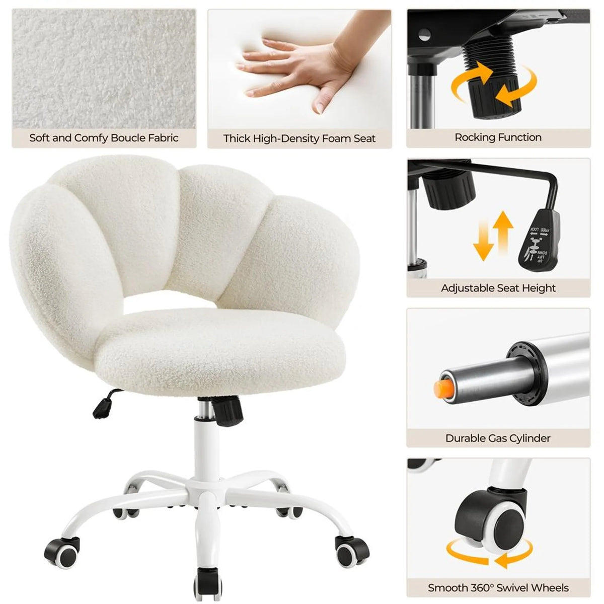 Fauteuil de bureau Yaheetech en forme de nuage – Ergonomique, bouclé, 60 × 70 × 72–82 cm – Blanc