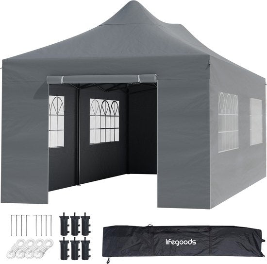 Tente de réception - LifeGoods - Étanche - Sac de transport à roulettes - 3x6 m - Gris foncé