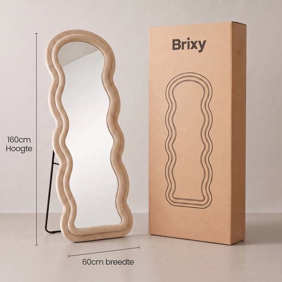 Infinity Goods Miroir en forme de vague - 160 x 60 cm - Miroir mural design - Miroir sur pied rembourré - Suède - Beige