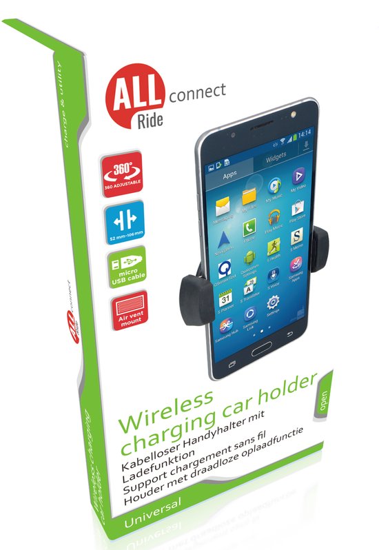 Support de téléphone All Ride pour voiture avec chargeur sans fil - Support de téléphone pour voiture avec ventilation - Chargeur Qi pour voiture - Noir