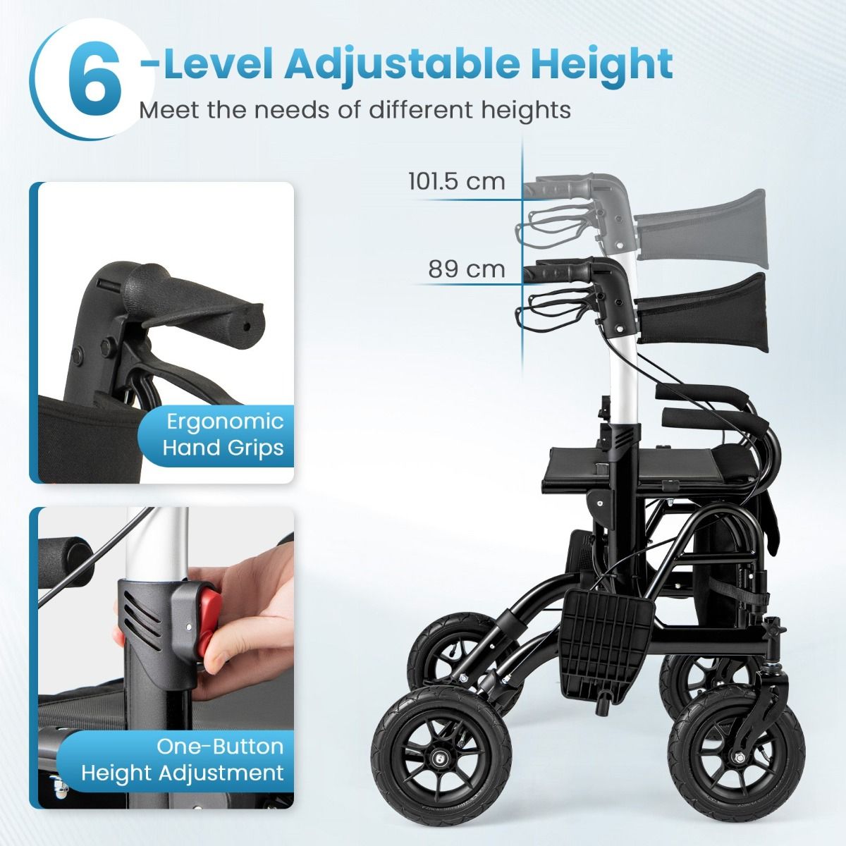 Rollator et fauteuil roulant 2-en-1 Coast - pneus gonflables - réglable en hauteur sur 6 positions - noir