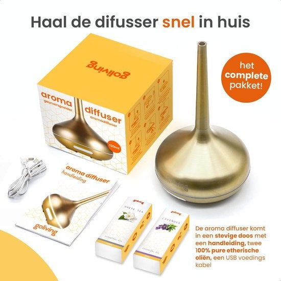 Goliving Diffuseur d'arômes - Humidificateur - Aromathérapie - 2 huiles essentielles incluses - 10 couleurs LED - Diffuseur de parfum - Or