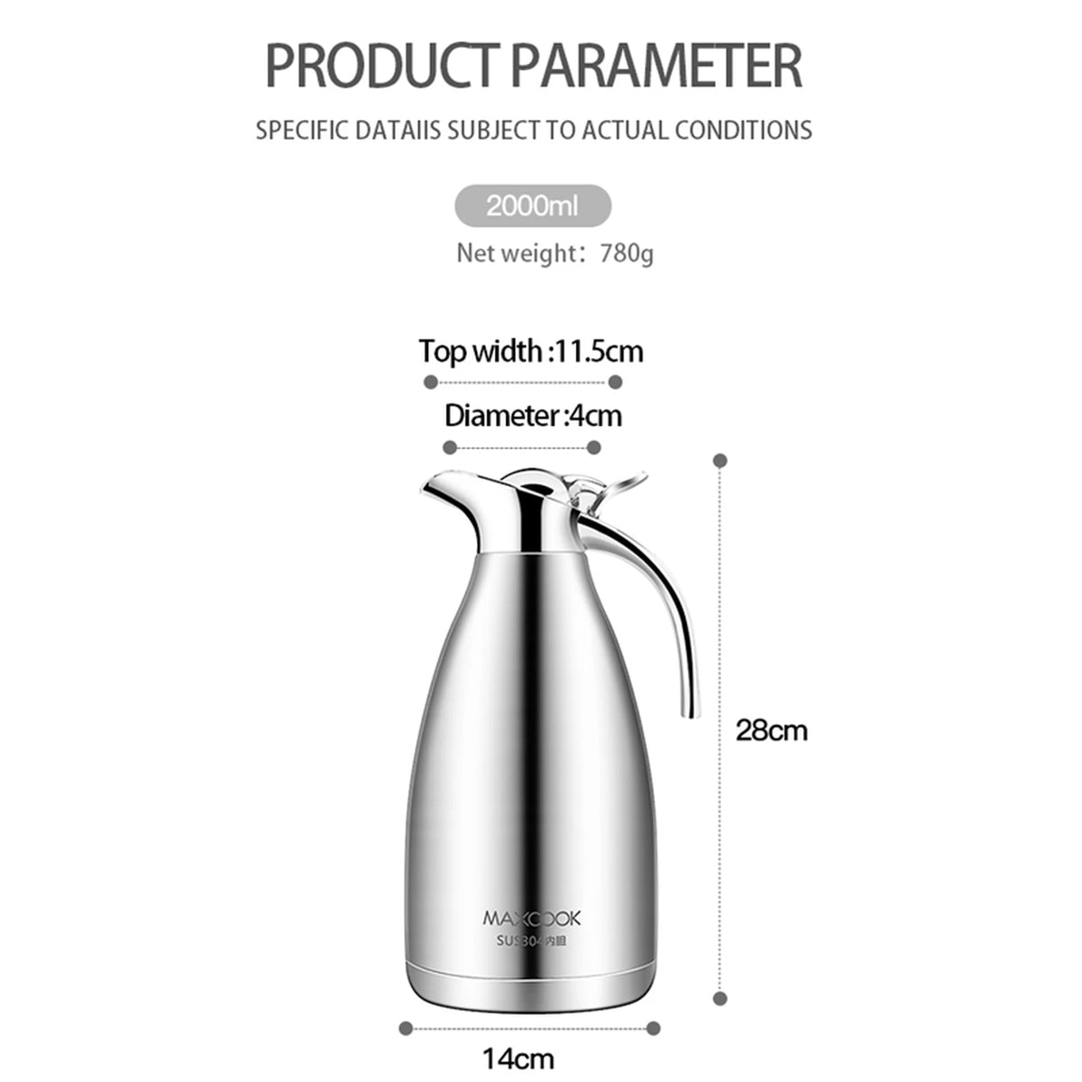 Bouilloire à eau chaude Maxcook en acier inoxydable à isolation sous vide, 2 l, MCH-478 - Acier inoxydable 304 - 2000 ml