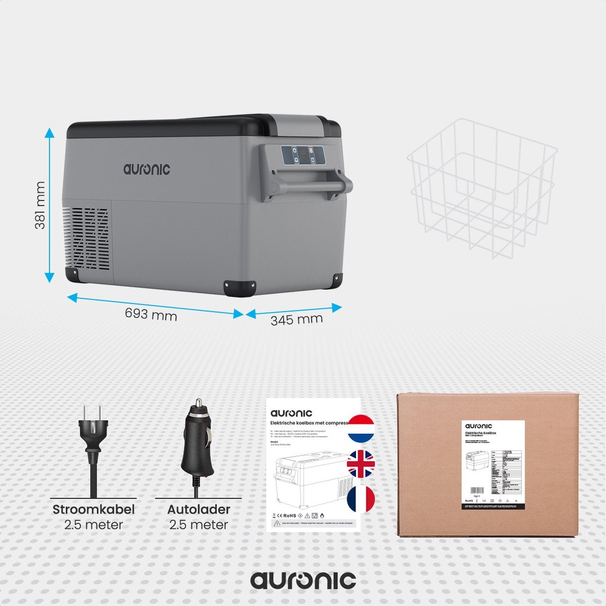 Glacière électrique à compresseur – Auronic – 30,4 L – 5 modes – 12V/240V – Double compartiment – Gris